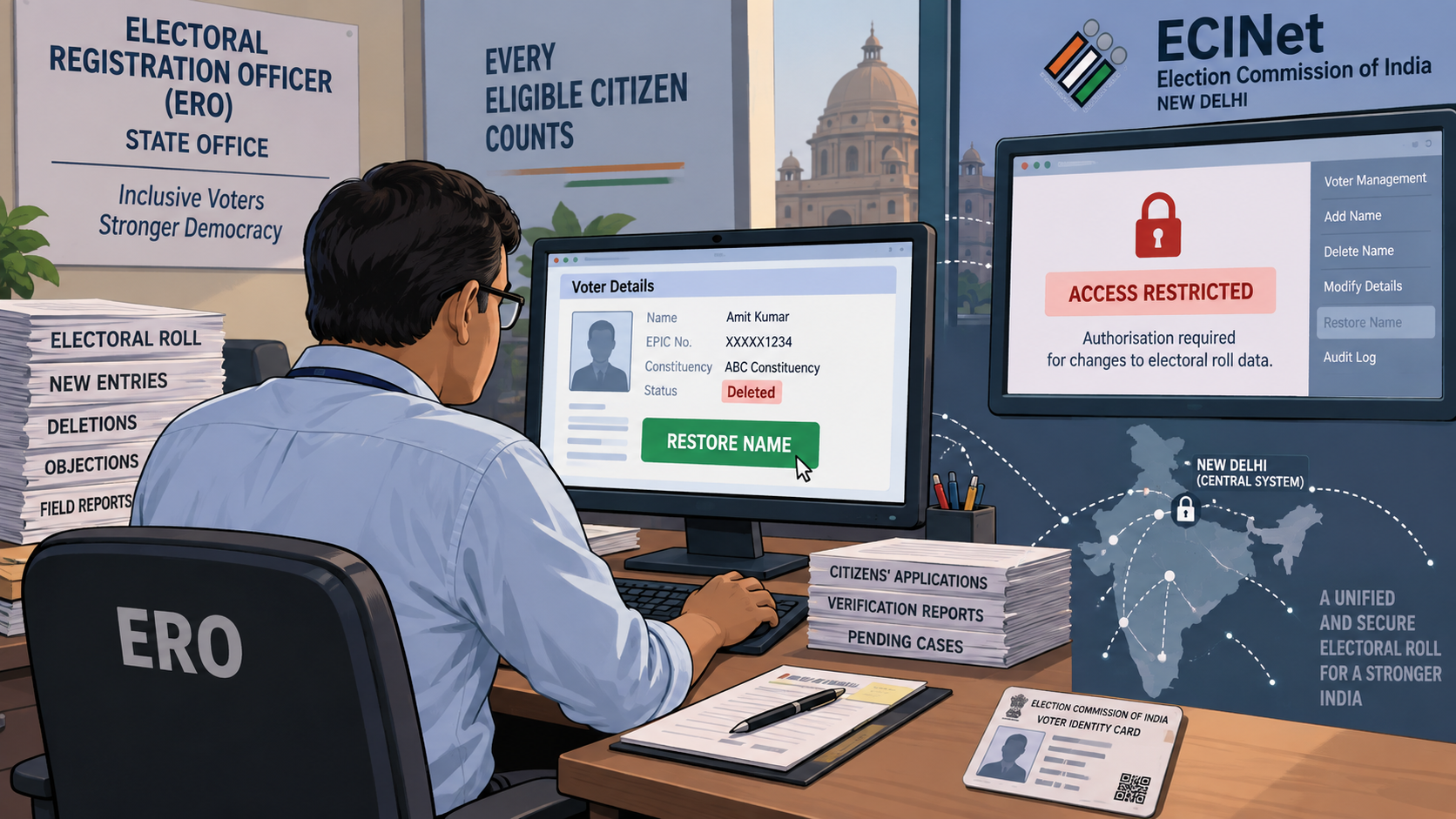Editorial illustration showing an Electoral Registration Officer attempting to restore a voter while access to the centrally administered ECINet electoral-roll database is restricted.