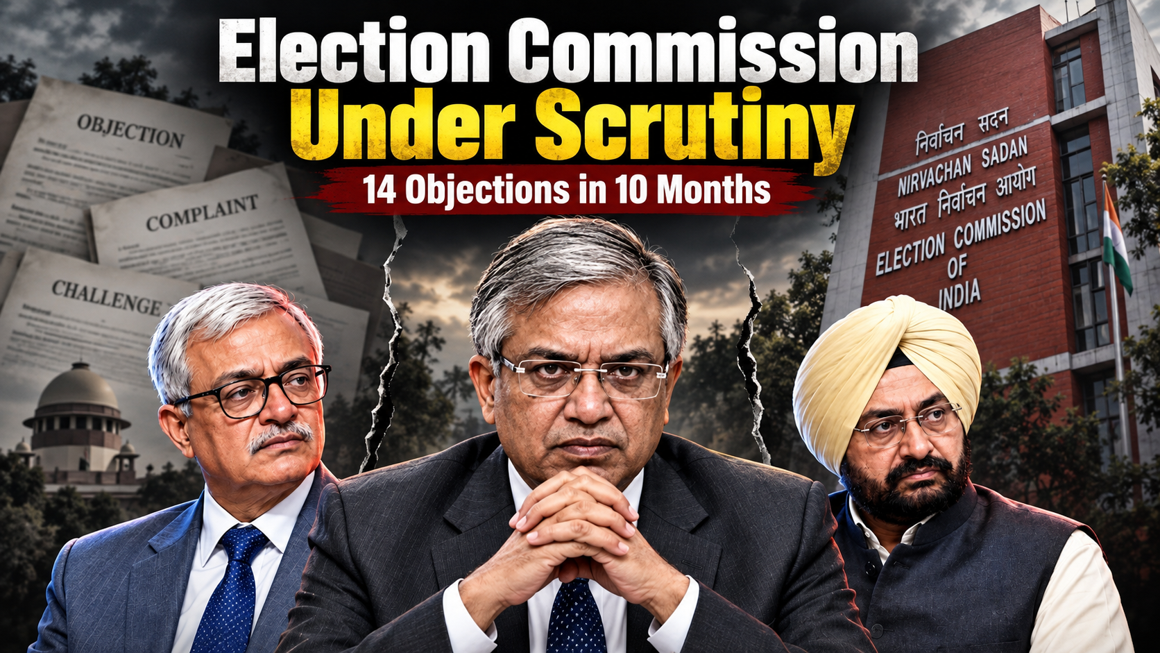 Election Commission editorial illustration showing the Chief Election Commissioner between two Election Commissioners holding objection with voter rolls, Form 6 and ECINet representing the reported internal dispute over SIR administration.