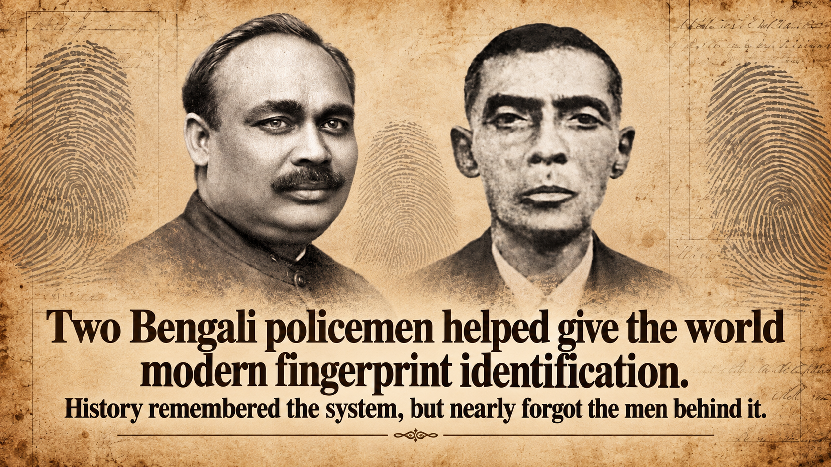 Historical portraits of Indian fingerprint pioneers Qazi Azizul Haque and Hem Chandra Bose, who helped develop the fingerprint classification system later known worldwide as the Henry Classification System.