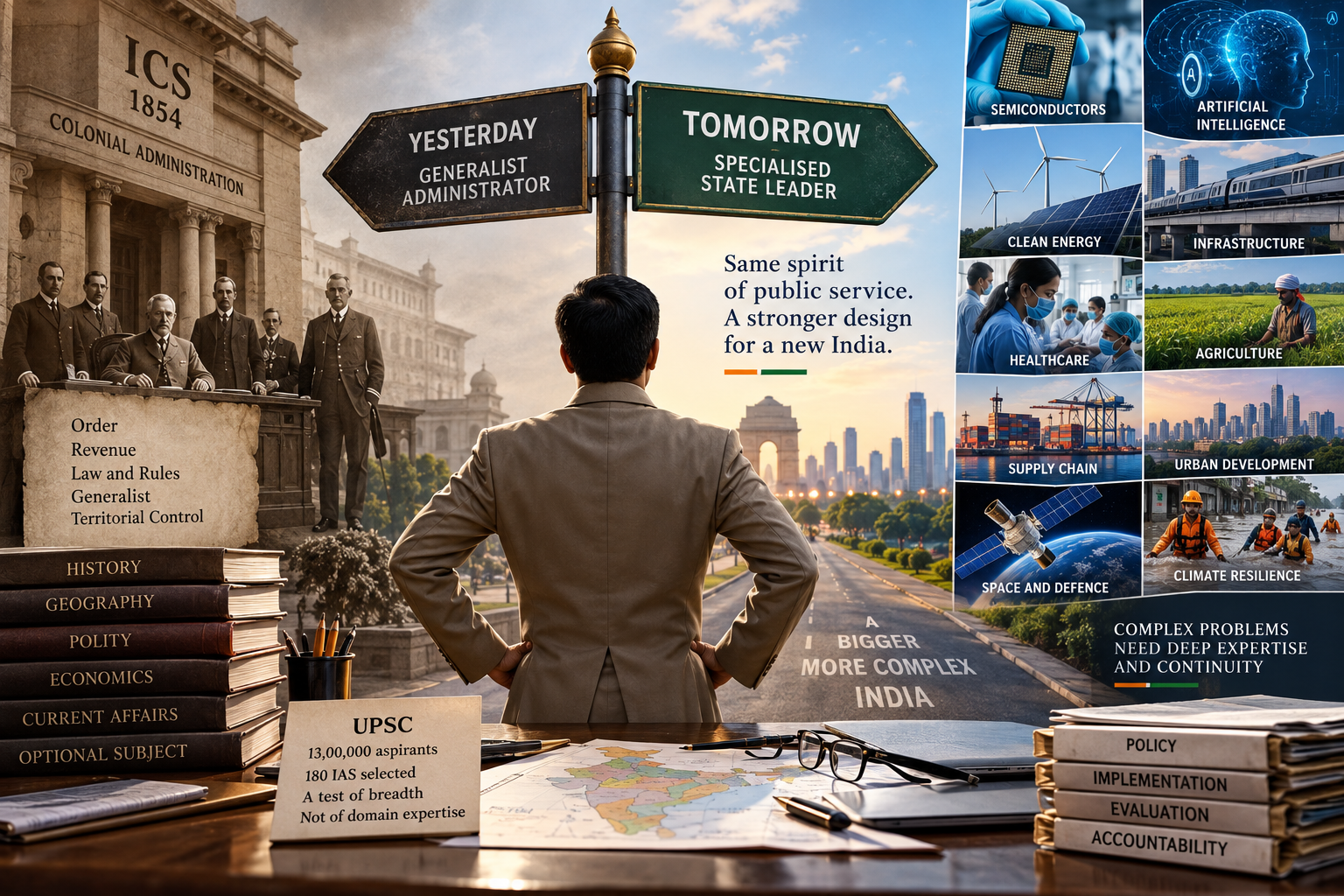 IAS officer standing between India’s colonial-era generalist administrative model and a modern governance system requiring specialised expertise in semiconductors, AI, healthcare, infrastructure, energy, agriculture and climate resilience.