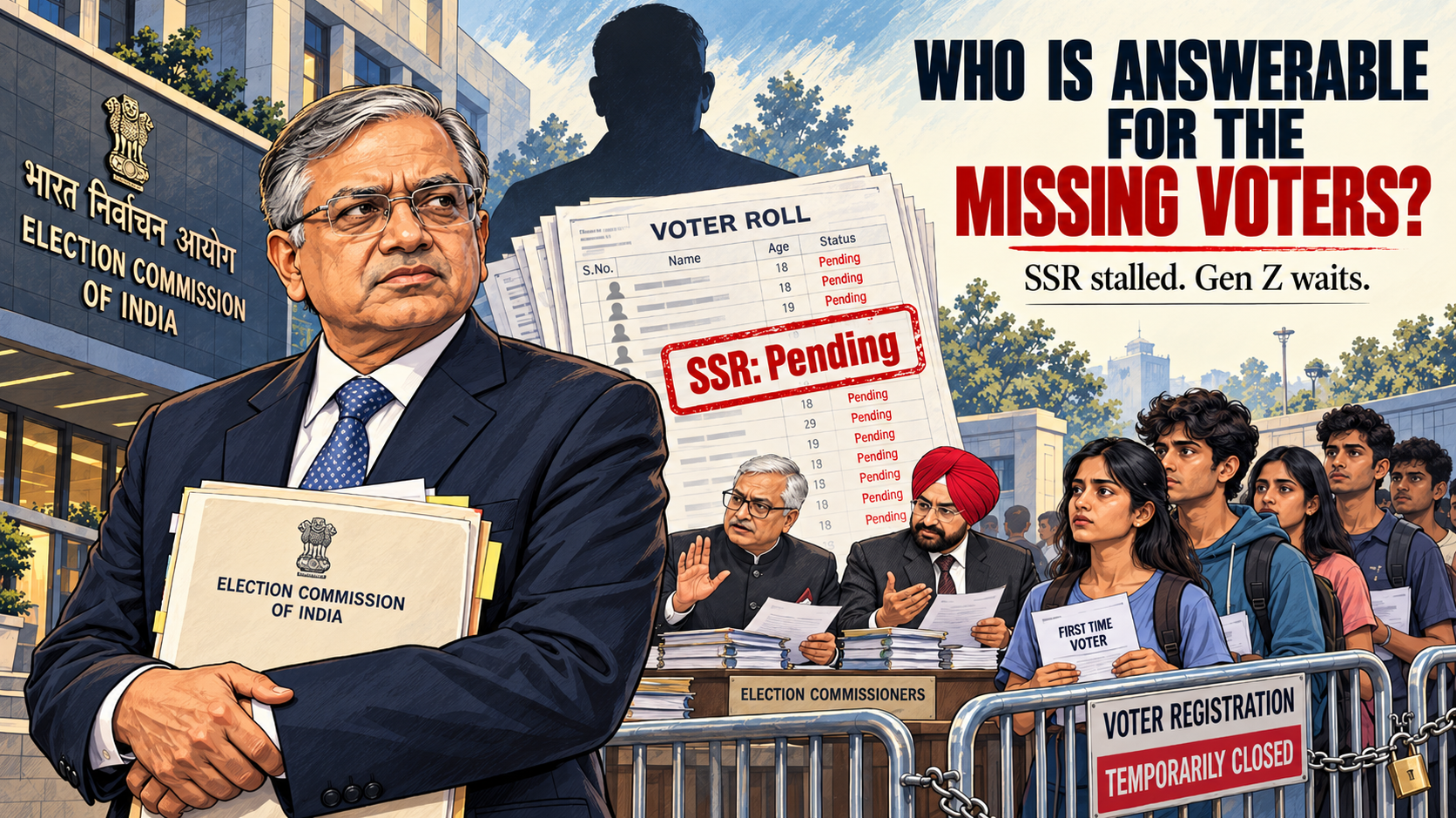 Editorial illustration showing Chief Election Commissioner Gyanesh Kumar in the foreground, with Election Commissioners Sukhbir Singh Sandhu and Vivek Joshi in the background, while young first-time voters wait behind a closed voter registration barrier marked “SSR: Pending”.
