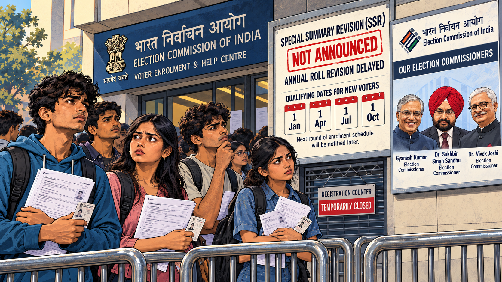 Young Indian first-time voters wait outside an Election Commission enrolment centre holding forms and identity documents, beside a notice stating that the Special Summary Revision has not been announced and the annual roll revision is delayed.