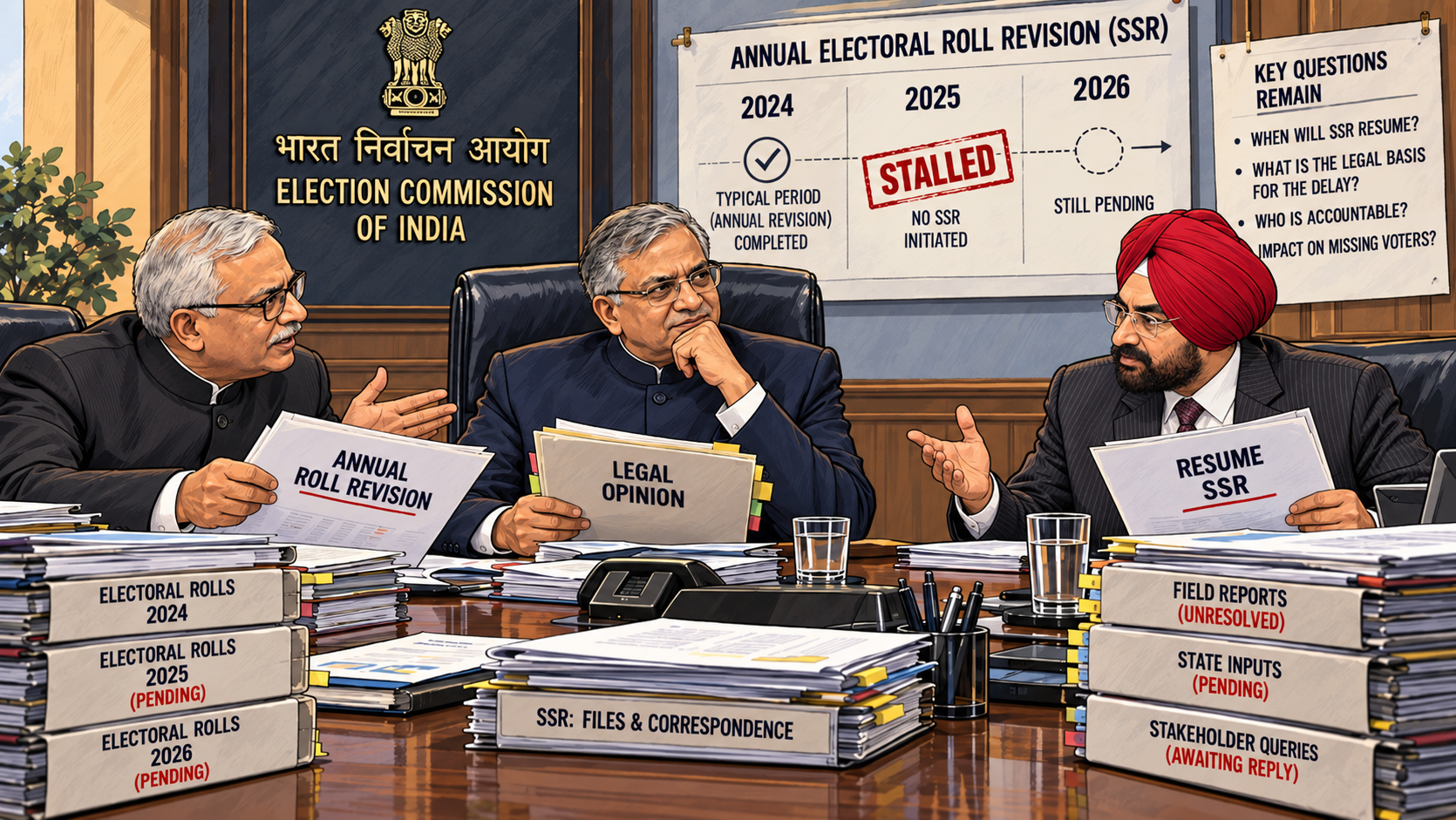 Editorial illustration of Gyanesh Kumar, Sukhbir Singh Sandhu and Vivek Joshi in an Election Commission meeting, with files marked “Legal Opinion”, “Resume SSR” and “Annual Roll Revision” on the table and a timeline showing the revision process as stalled.