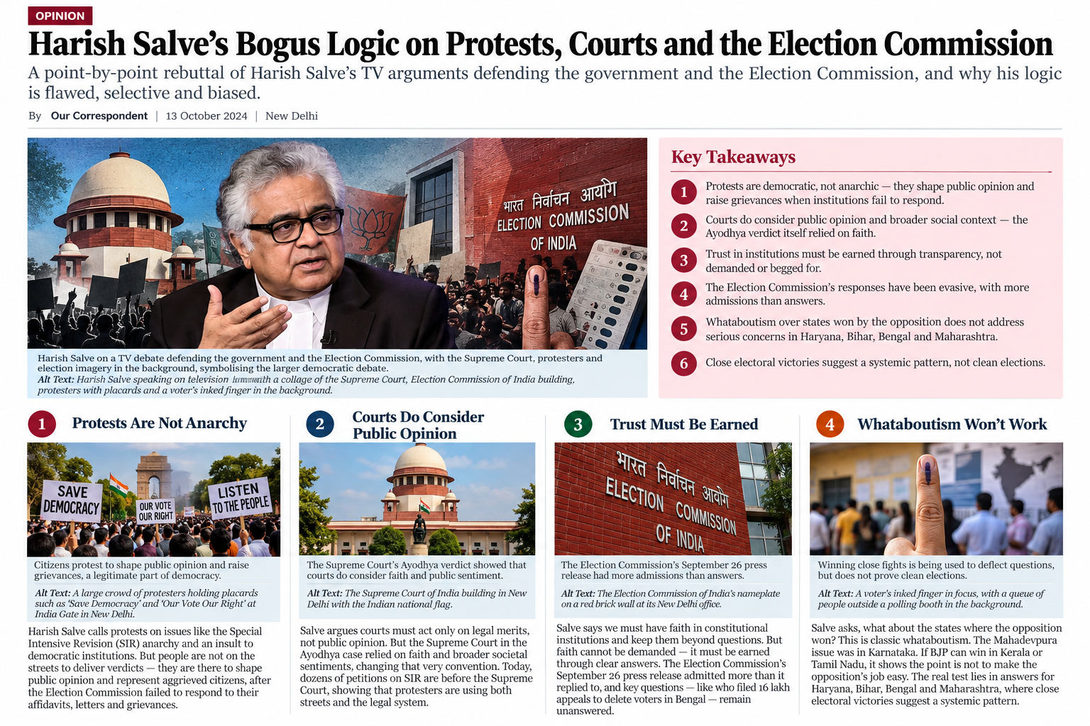 Editorial composite depicting senior advocate Harish Salve, the Supreme Court of India, the Election Commission and public demonstrators, illustrating the debate over constitutional institutions and citizens' right to question them